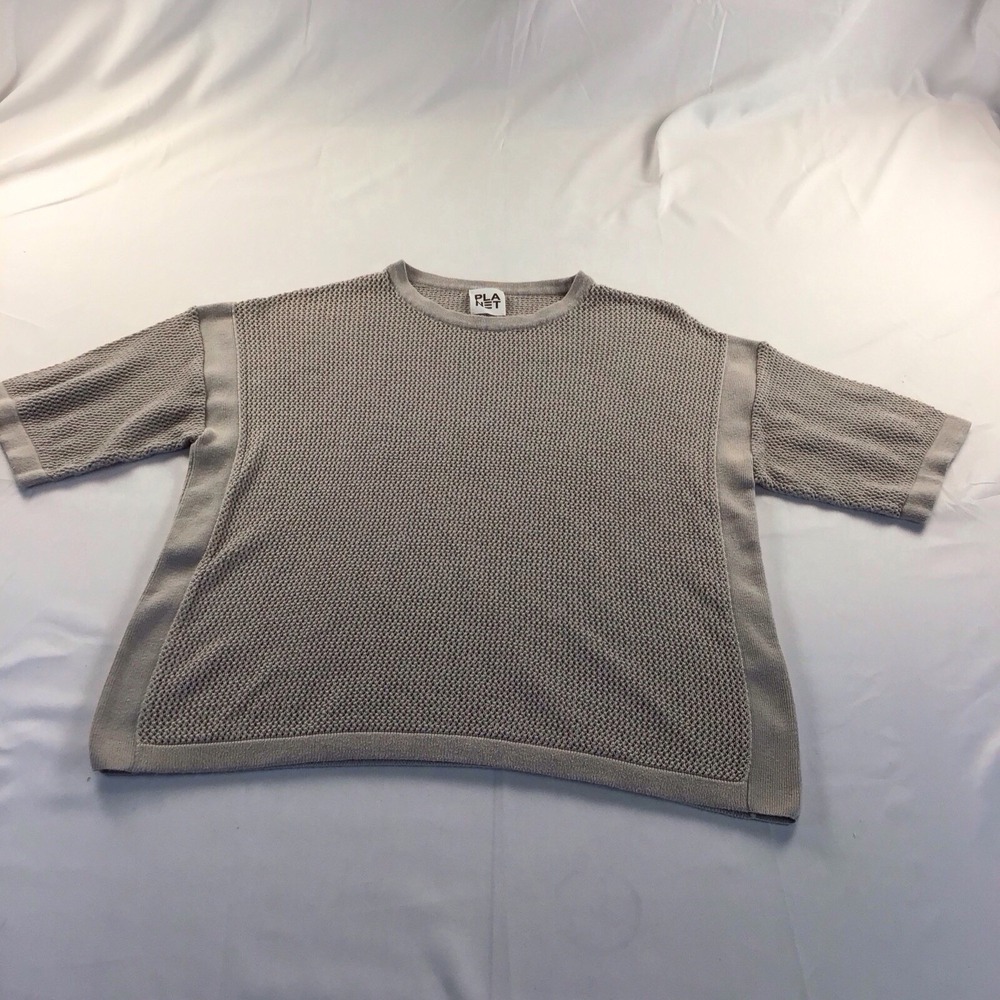 Planet by Lauren G Short Sleeve Mesh Knit Sweater Taupe Grey OSFA Boxy Crew Neck